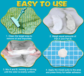 Vividye Pool Putty works on tile, concrete, wood, plastic, and more.