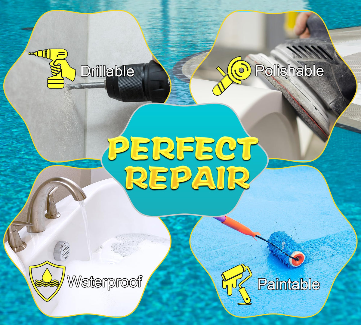 Vividye Pool Putty sands, drills, and paints for a seamless finish.