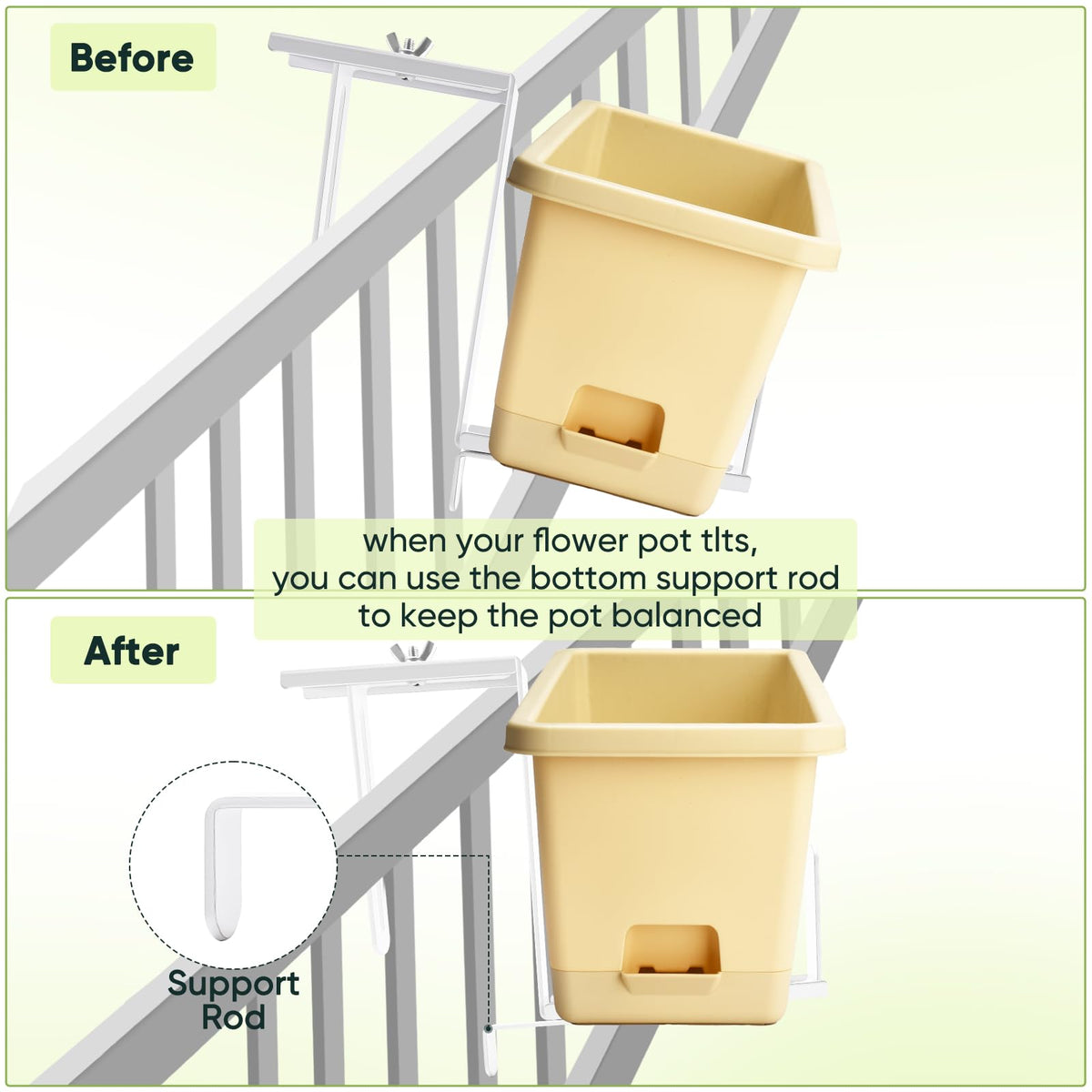 Bottom support bar prevents tilt on uneven or slim railings.