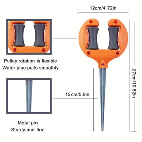 VIVIMEOW orange hose guide stake with sturdy spike secures hoses in windy conditions.