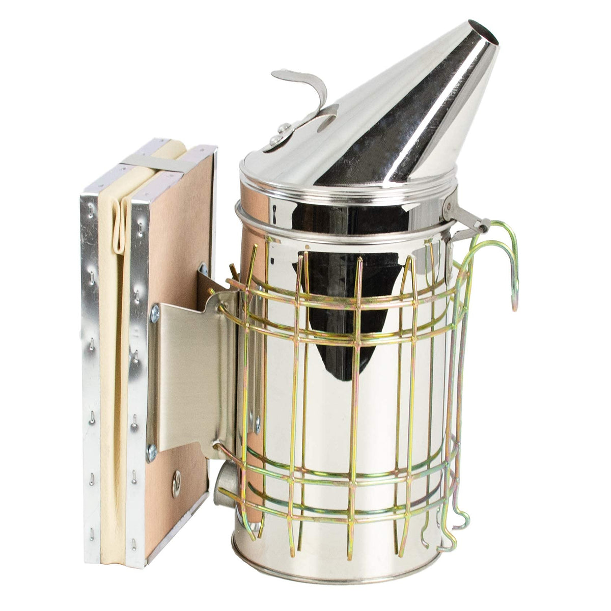 VIVO beekeeping smoker in use beside a hive showing smoke control and safety