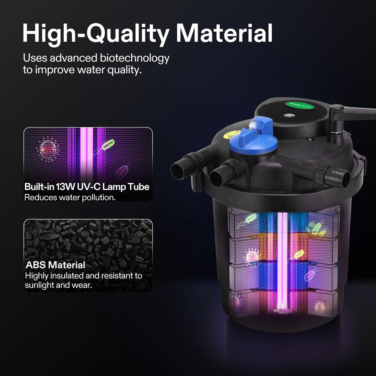 VIVOGROW Bio Pressure Pond Filter UV lamp image highlights built-in UV-C for clearer water