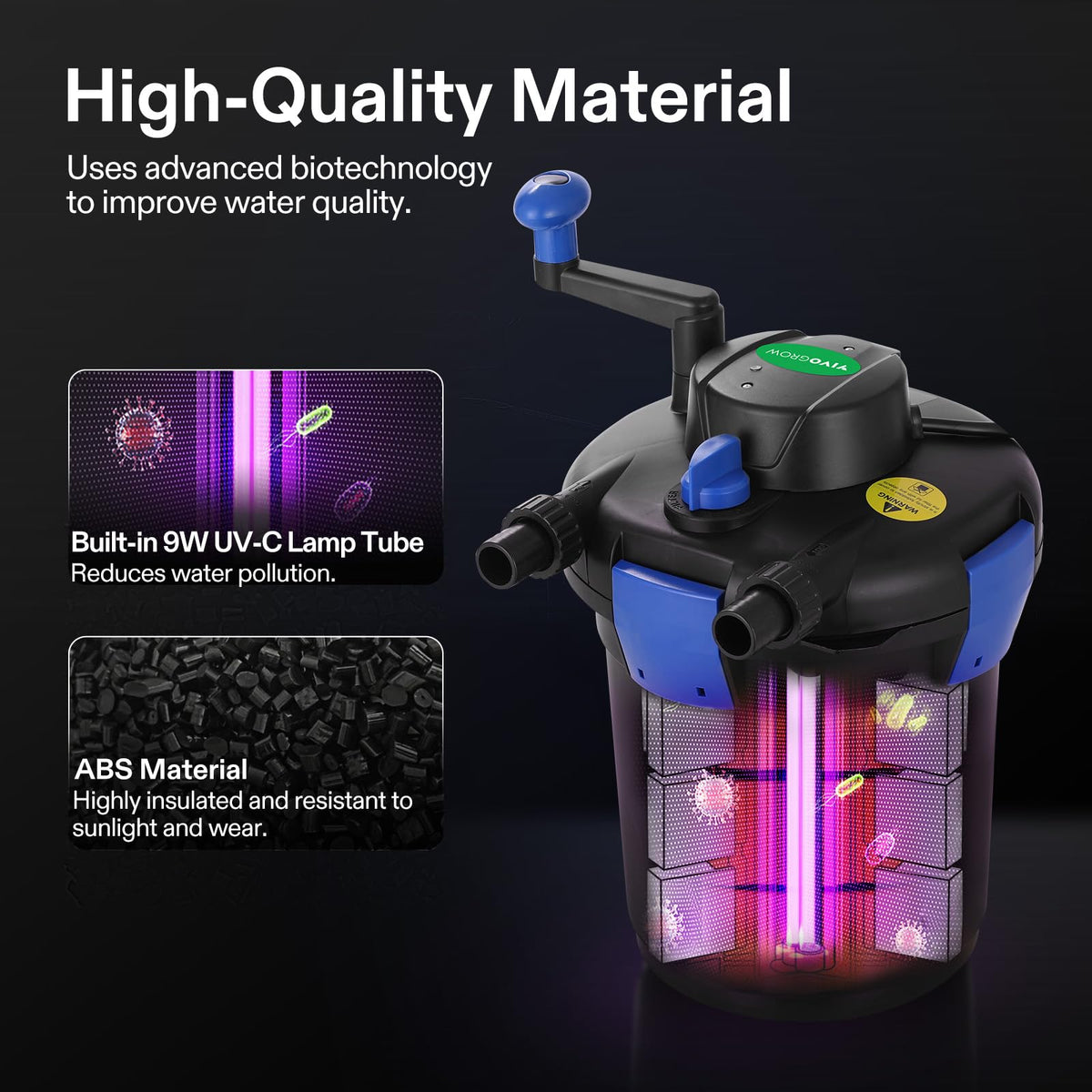 Vivogrow pond filter UV-C lamp visible delivering strong 1050 GPH flow.
