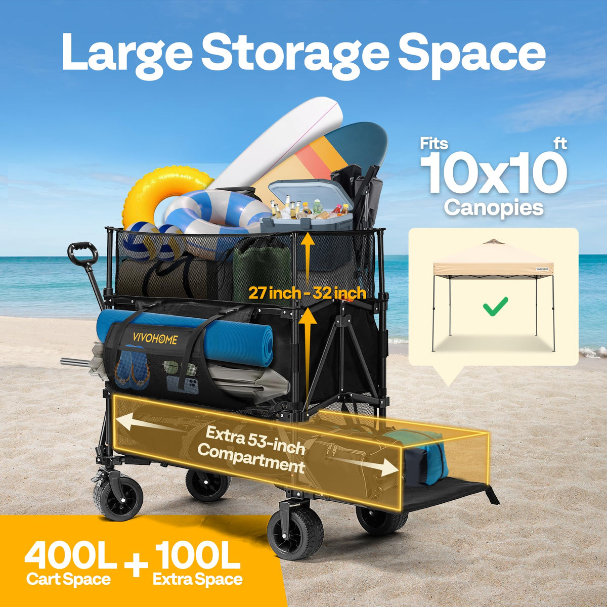 VIVOHOME 500L wagon collapsed for compact storage in a car trunk.