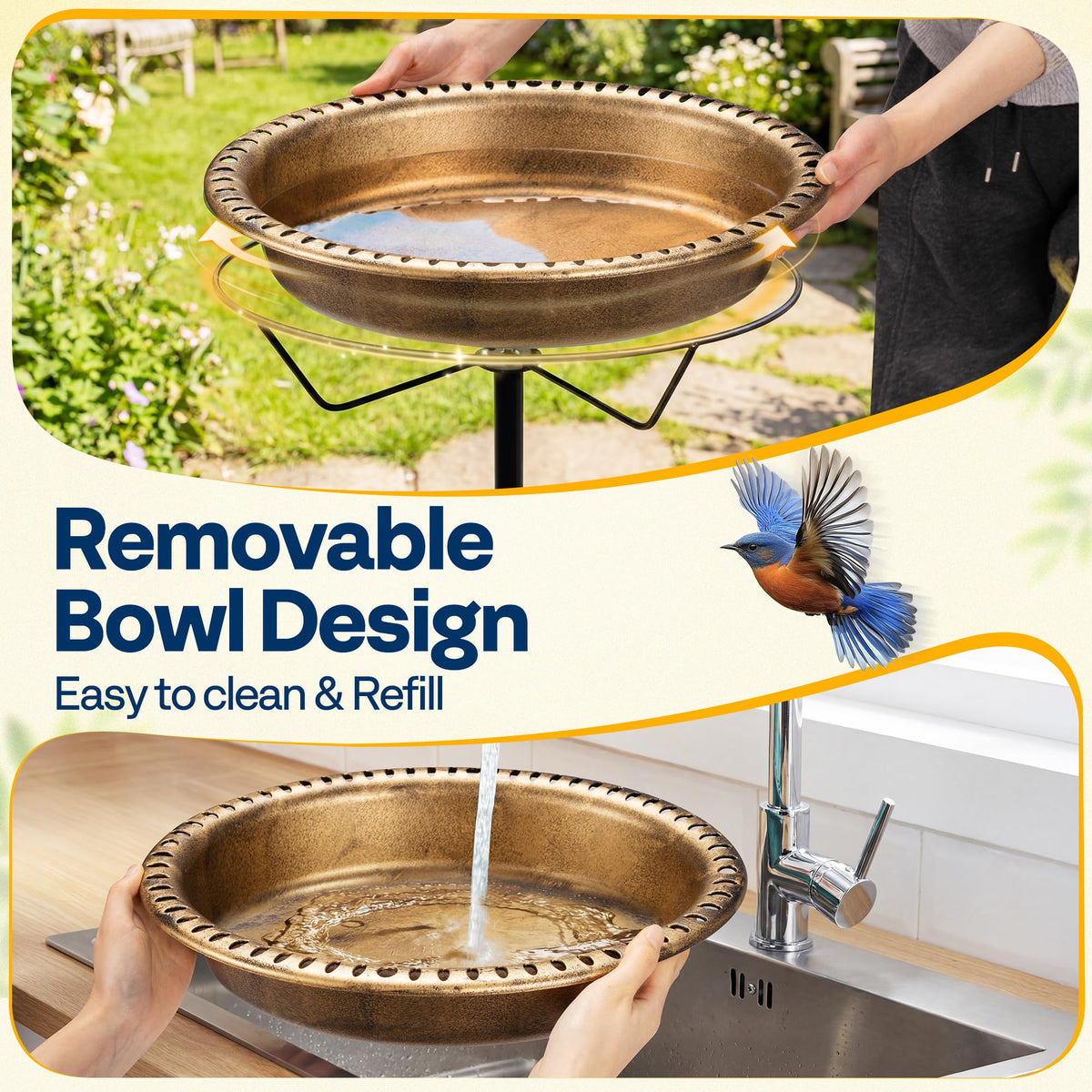 VIVOHOME copper-finish bird bath resists rust for year-round garden use.