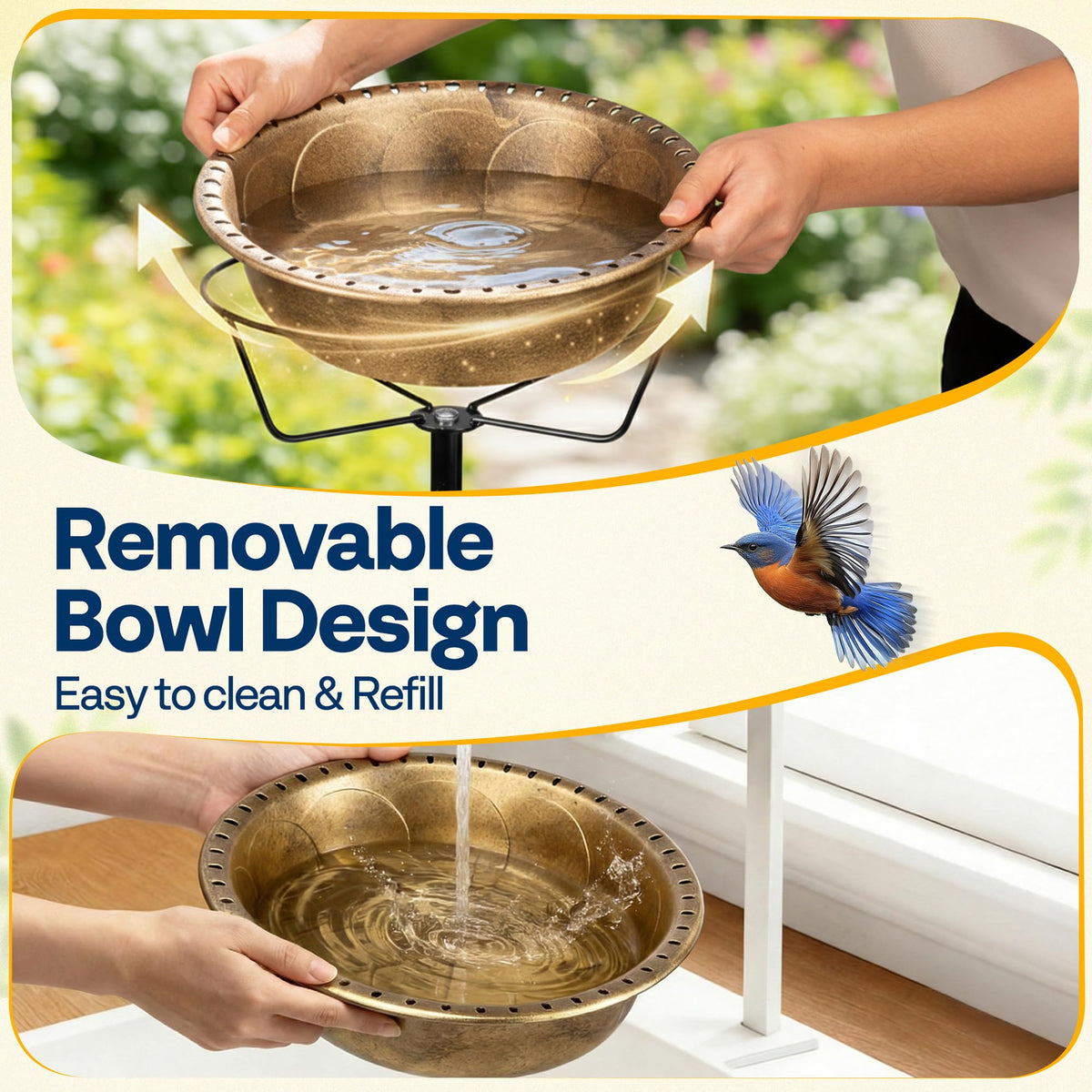 VIVOHOME birdbath detachable bowl allows quick cleaning and water refresh.