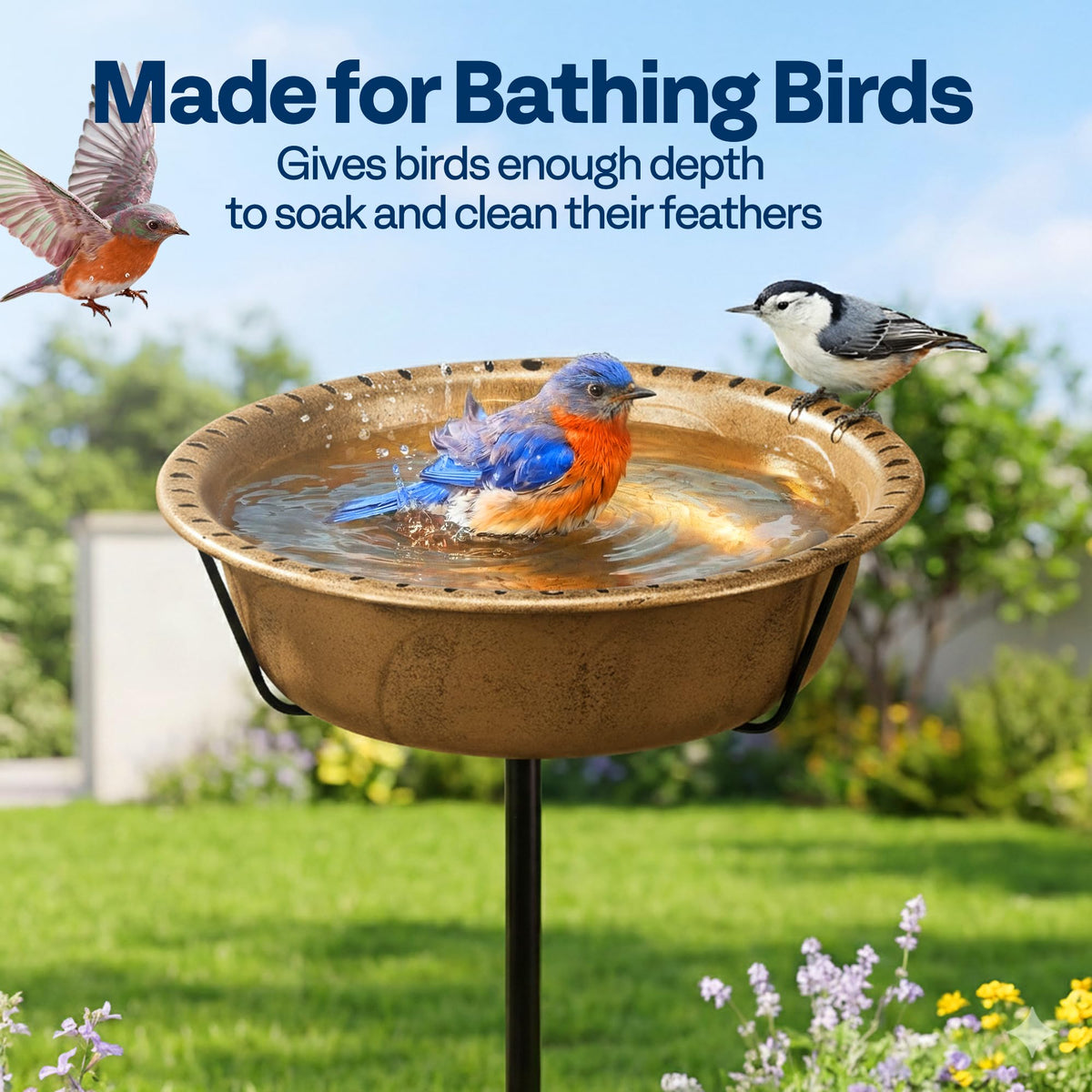 VIVOHOME birdbath features a 4-prong base for solid anchoring.