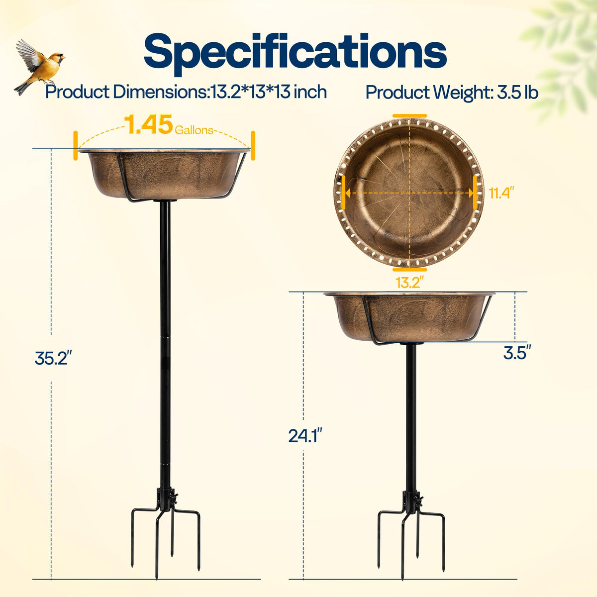 VIVOHOME birdbath bowl accepts stones to create shallow bathing zones.