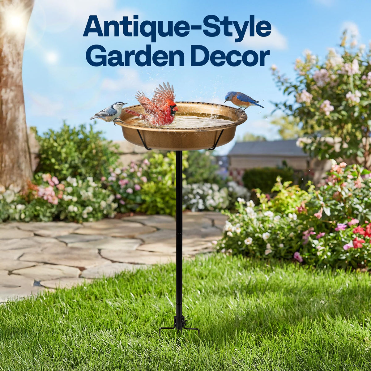 VIVOHOME oval bird bath on metal base stays steady when birds land.