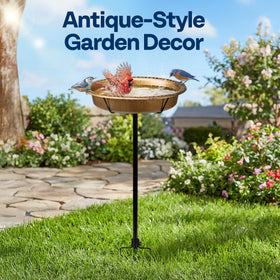 VIVOHOME oval bird bath on metal base stays steady when birds land.