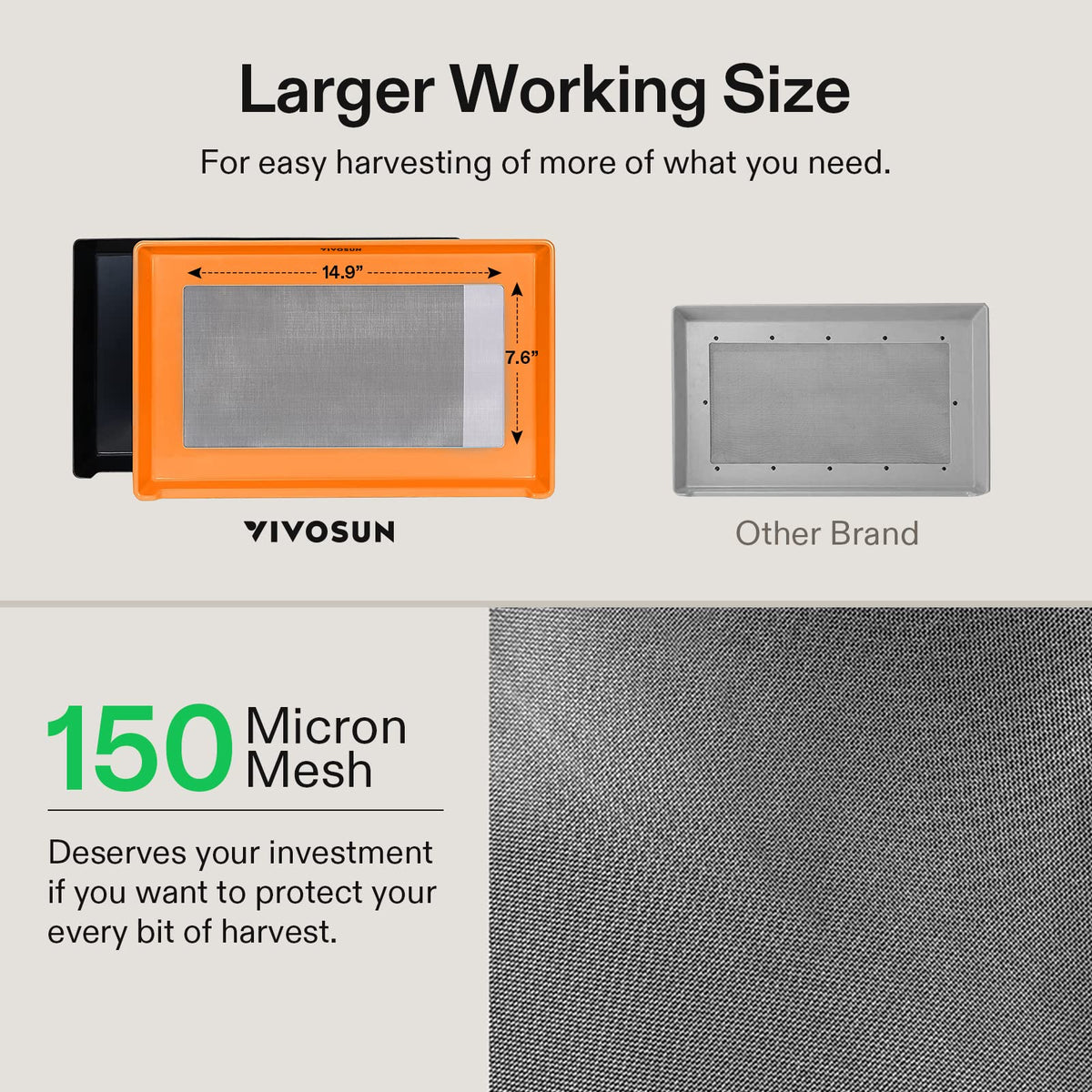 VIVOSUN 150-micron screen trimming tray shows fine mesh for reduced waste.