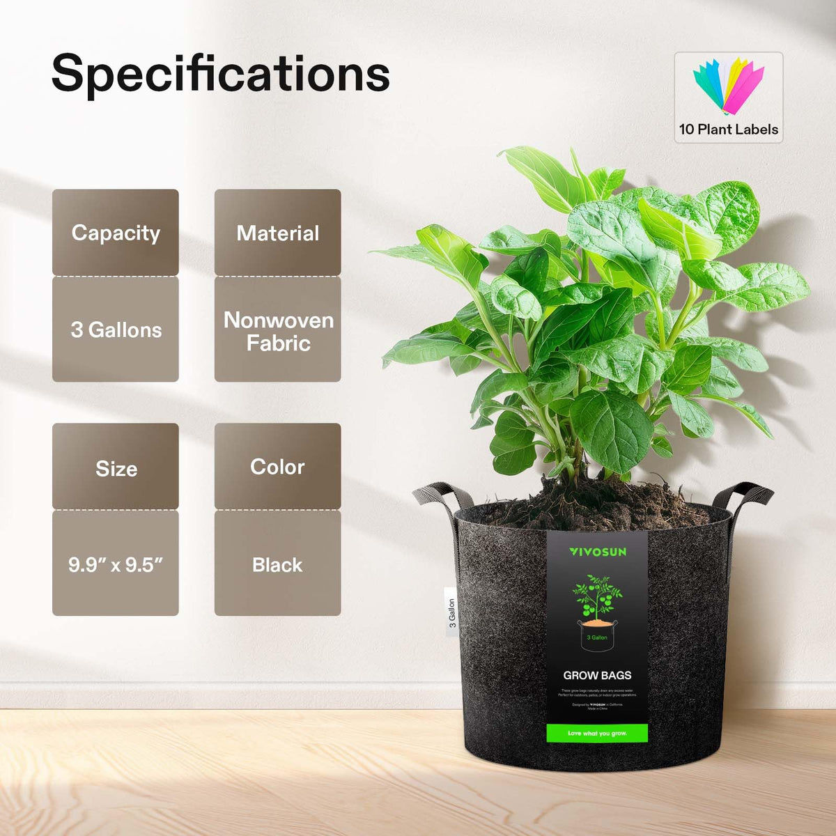VIVOSUN 3 gallon bag texture highlights breathable nonwoven fabric for root air pruning
