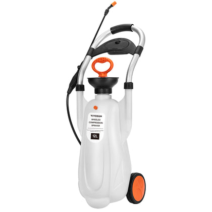 VIVOSUN 3.2-gallon wheeled sprayer shows sturdy handle and wheels for easy mobility around the garden.