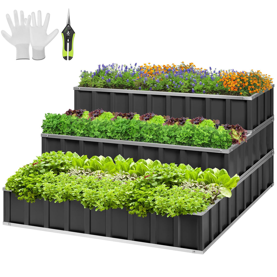 VIVOSUN 3-tier metal raised garden bed shows easy assembly and modular layers.