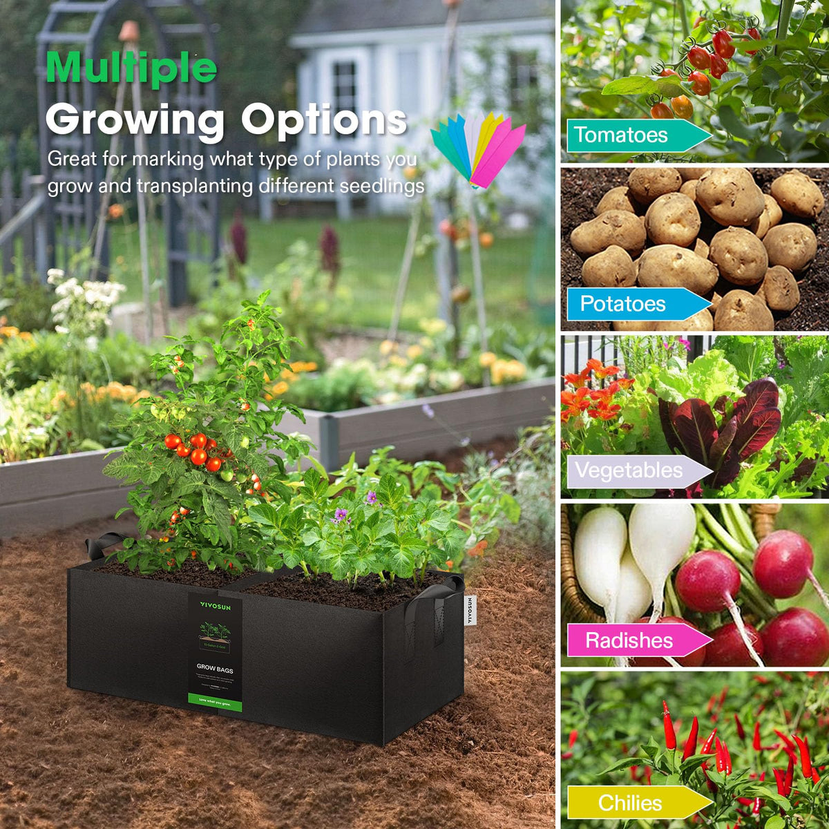 Foldable and washable VIVOSUN grow bags for reuse and storage.
