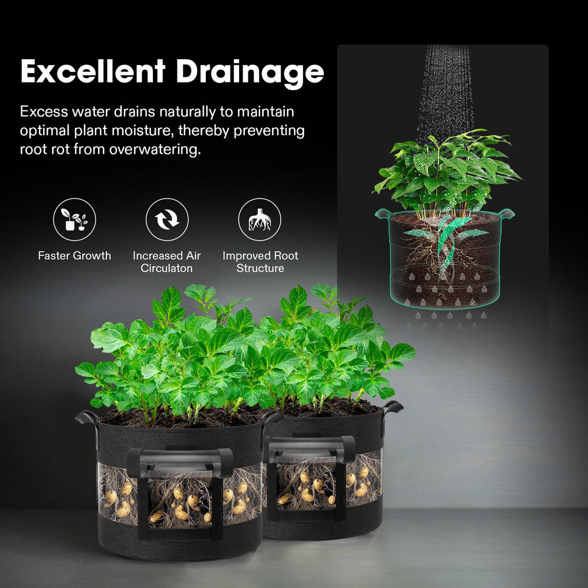 VIVOSUN blackout cloth blocks light to improve tuber quality.
