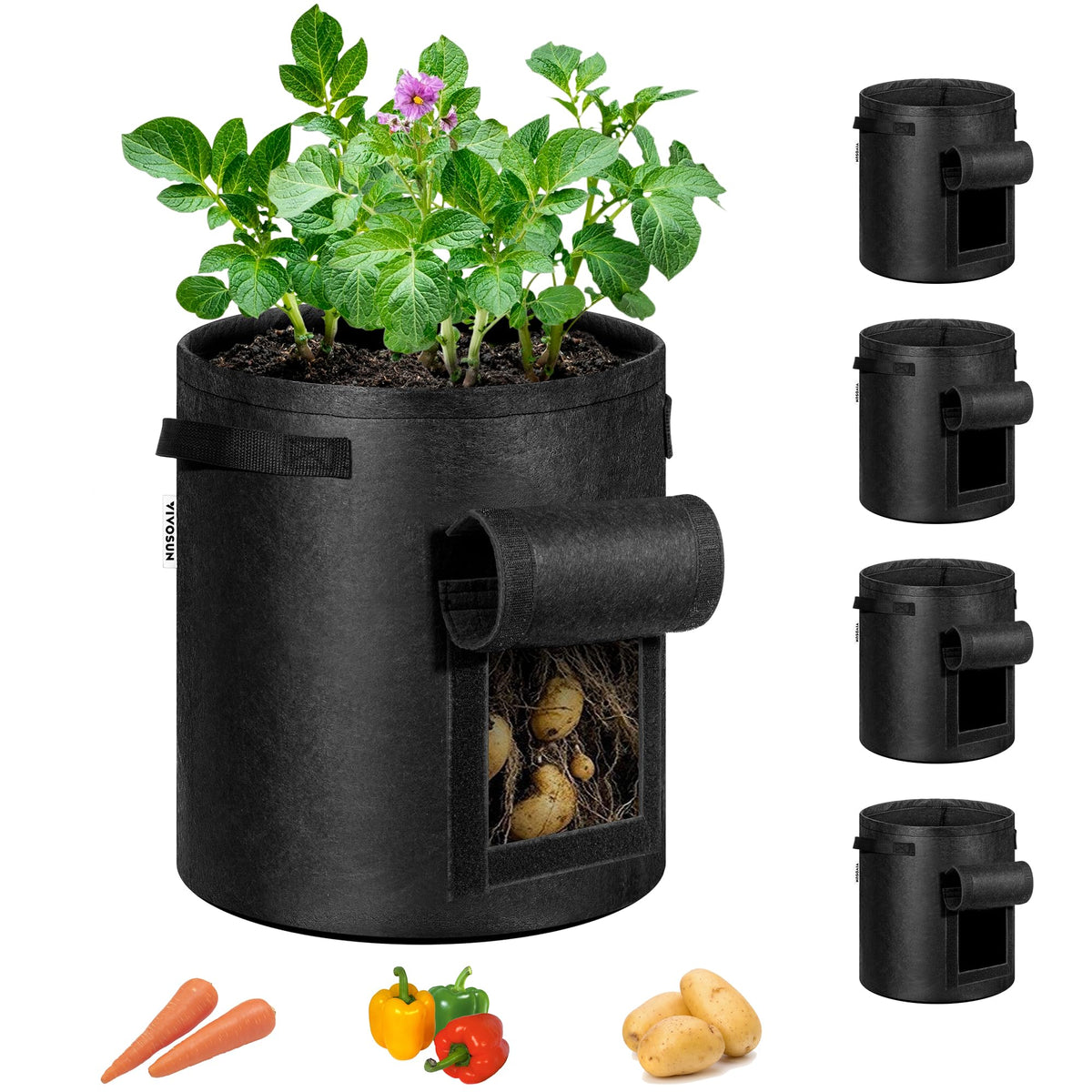 VIVOSUN 5-pack 7-gallon potato grow bags with roll-up window for easy harvest.