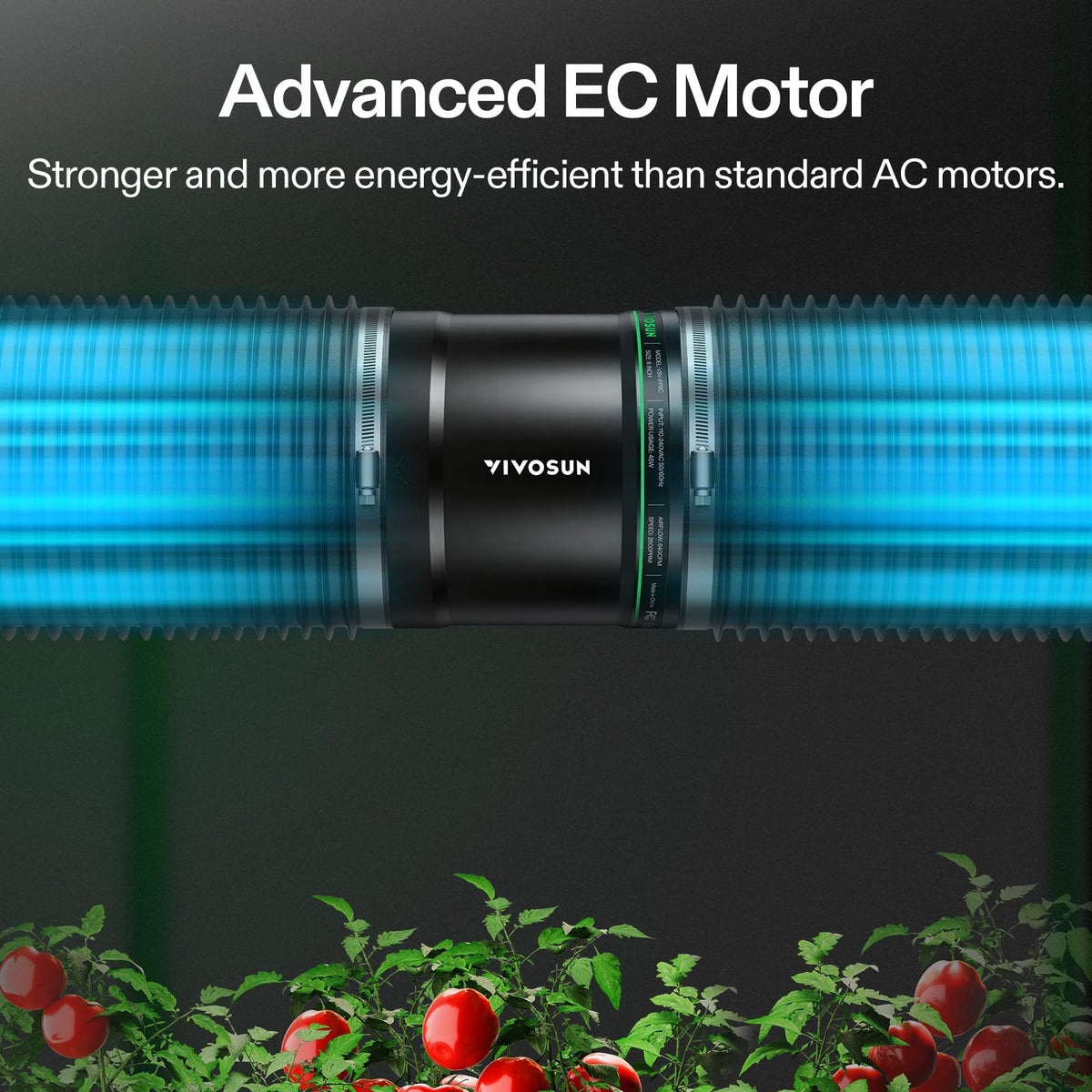 VIVOSUN 2600 RPM motor image emphasizes powerful yet efficient air movement.