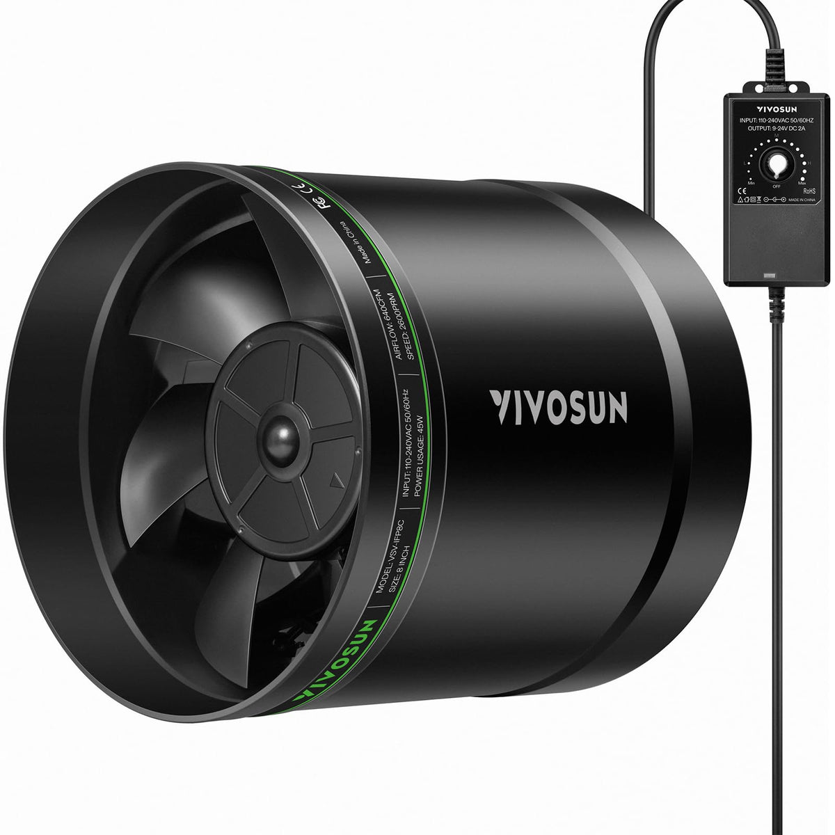 VIVOSUN 8-inch inline booster fan front view, compact design for efficient air circulation.