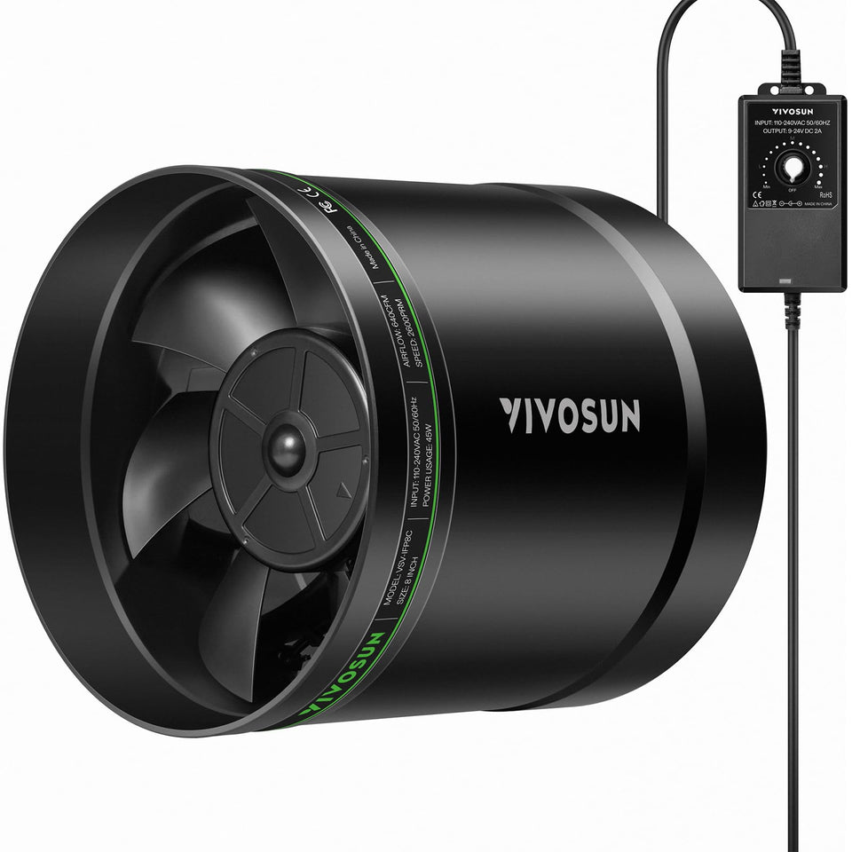 VIVOSUN 8-inch inline booster fan front view, compact design for efficient air circulation.