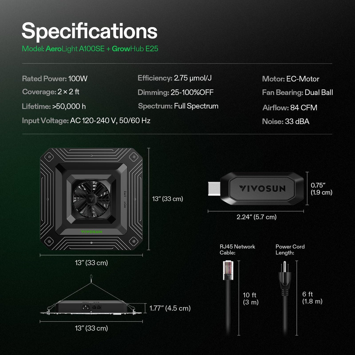 VIVOSUN AeroLight A100SE full-spectrum lighting supports all growth stages