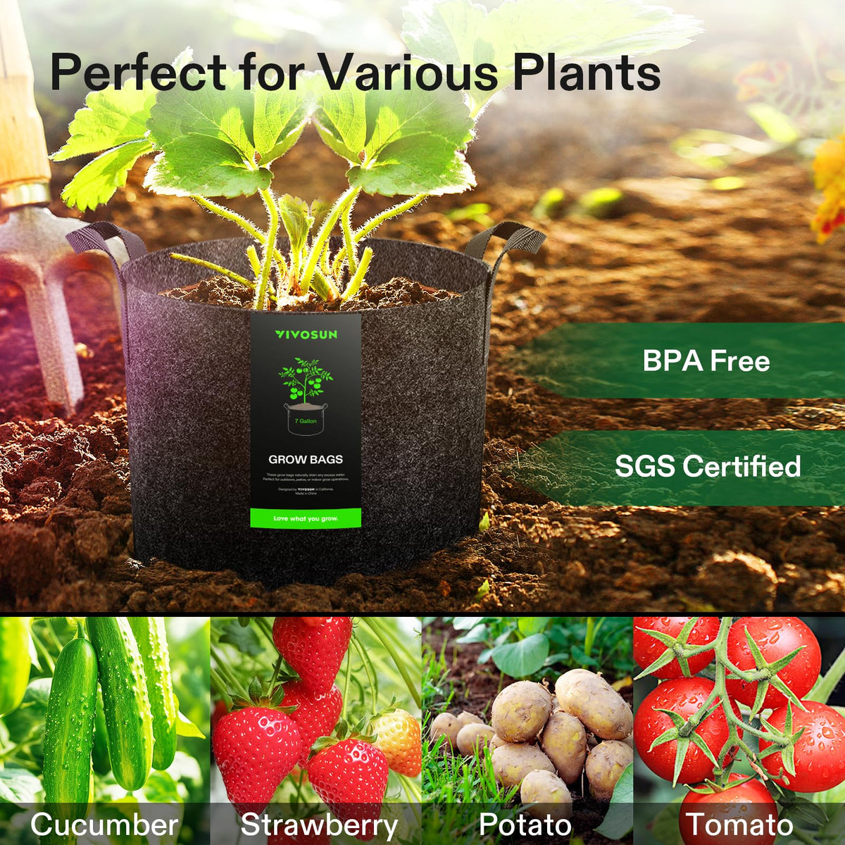 VIVOSUN black grow bags for vegetables, fruits, and flowers.