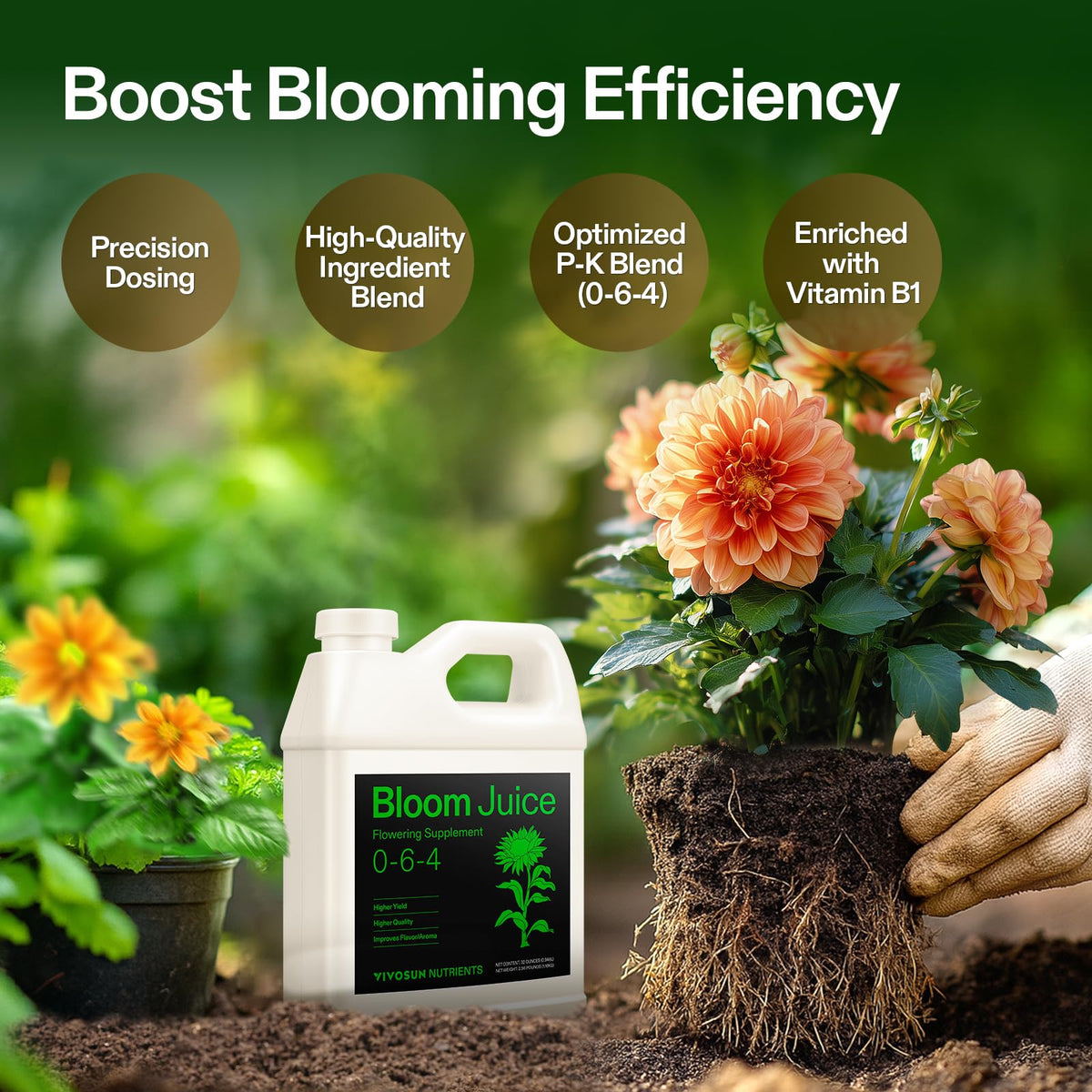 Dosing guidance for VIVOSUN Bloom Juice ensures precise nutrient delivery.
