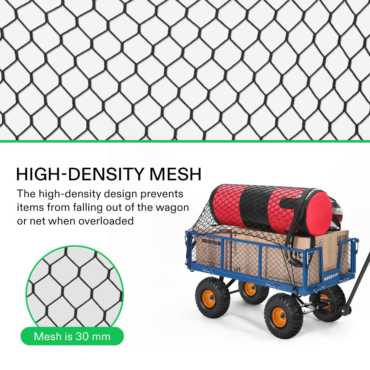 VIVOSUN cargo net dense 30mm mesh prevents small items from slipping.