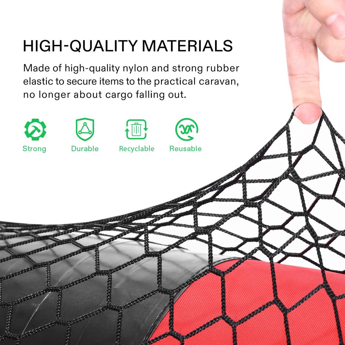 VIVOSUN cargo net four corner hooks securely hold cargo in place.