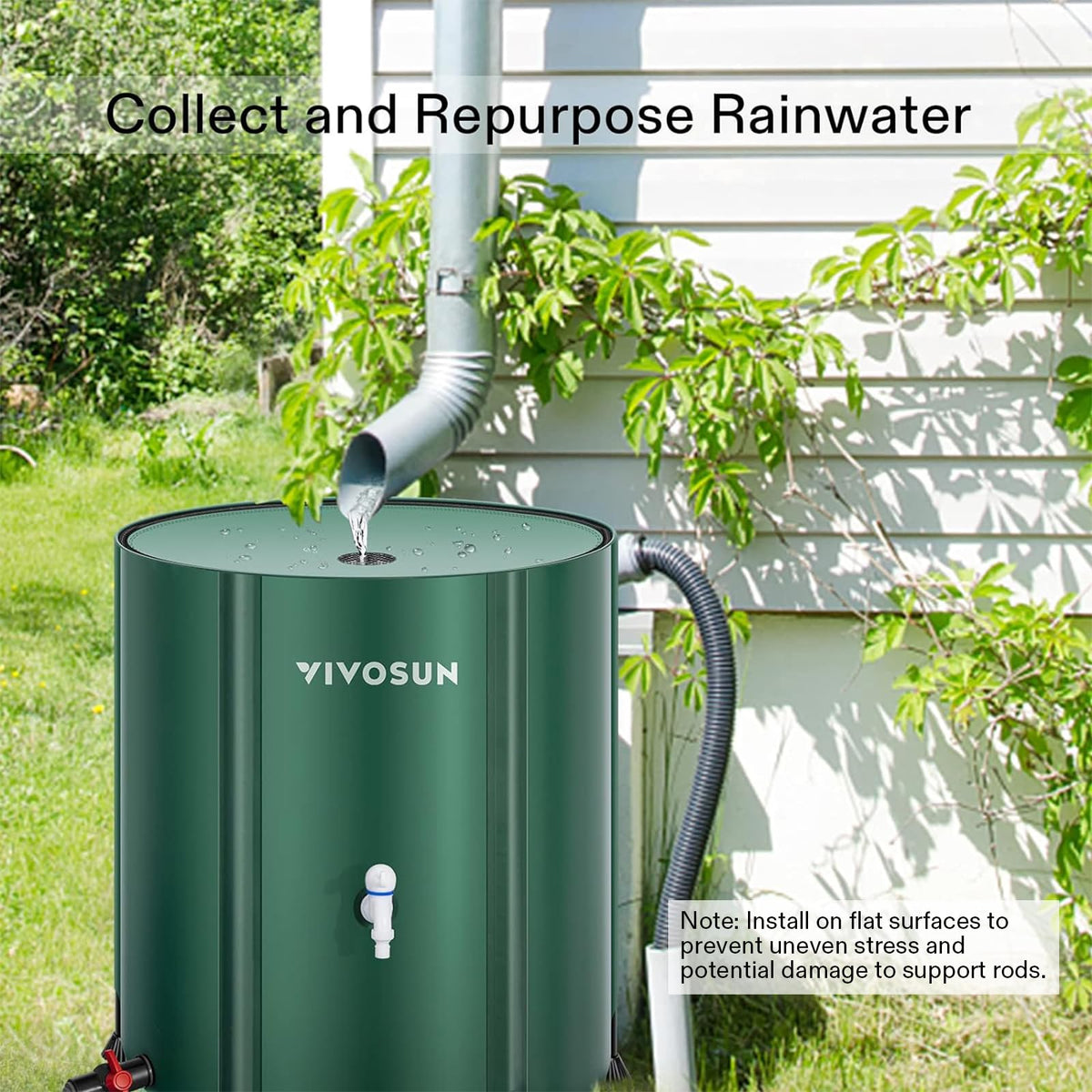 VIVOSUN collapsible rain barrel side view ready for outdoor use and irrigation