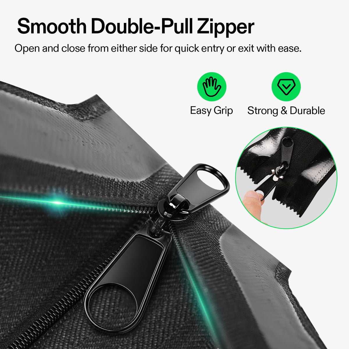Close-up of VIVOSUN double-pull zipper for smooth operation