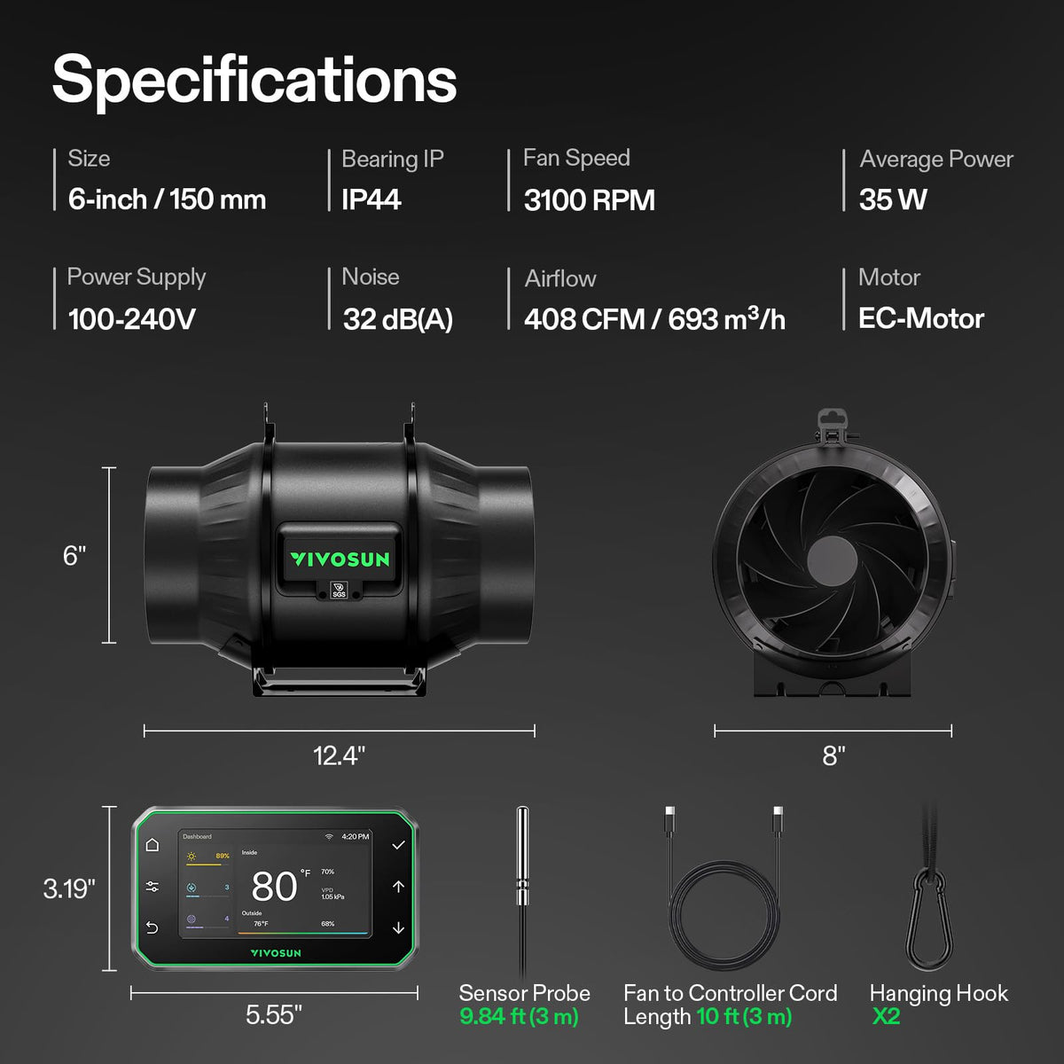 VIVOSUN EC motor delivers energy efficiency and quiet operation.