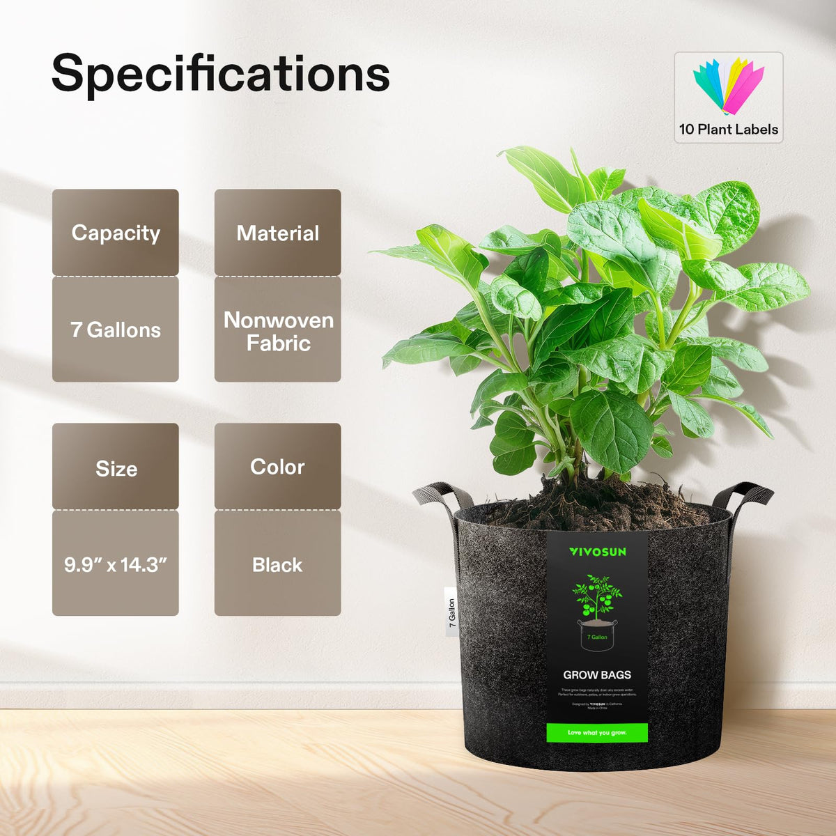VIVOSUN heavy-duty 300g nonwoven fabric—breathable container for roots.