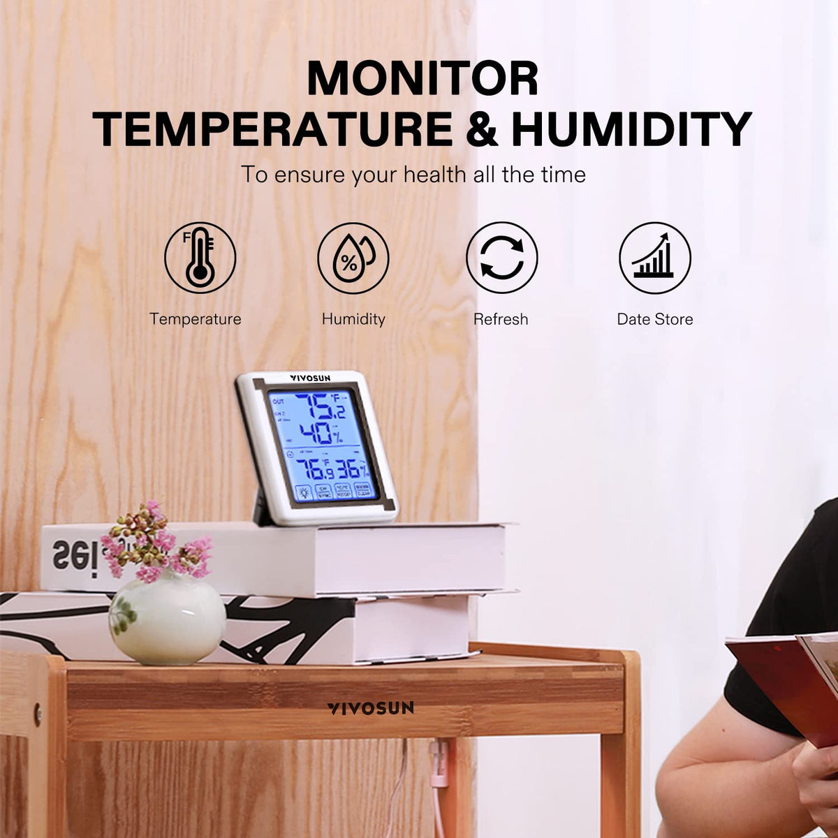 VIVOSUN indoor-outdoor temperature humidity readout with clear readable display.