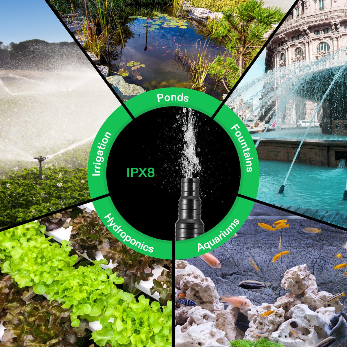 VIVOSUN pump configured for submersible or inline use in a water feature