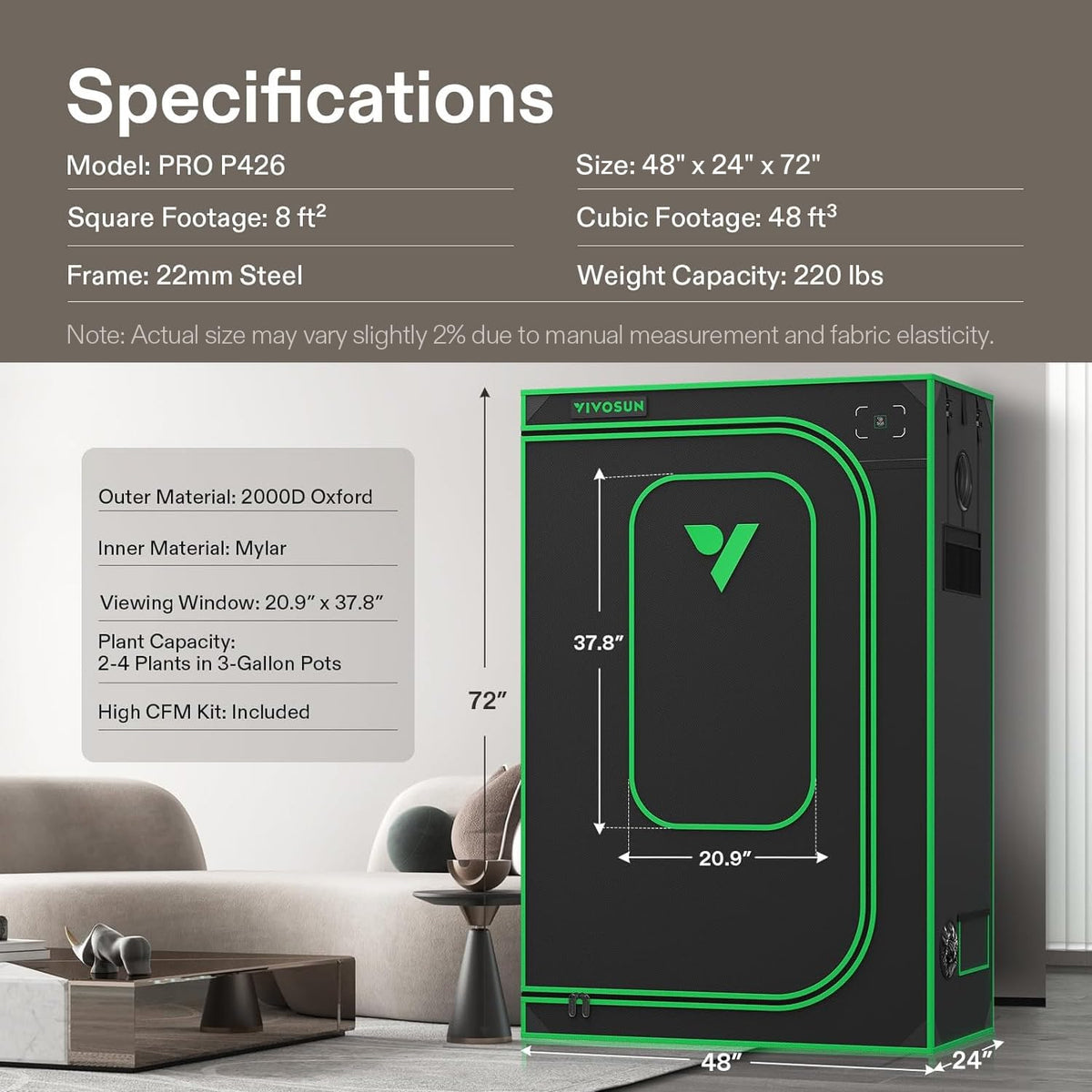 VIVOSUN PRO grow tent high CFM kit detail for added stability