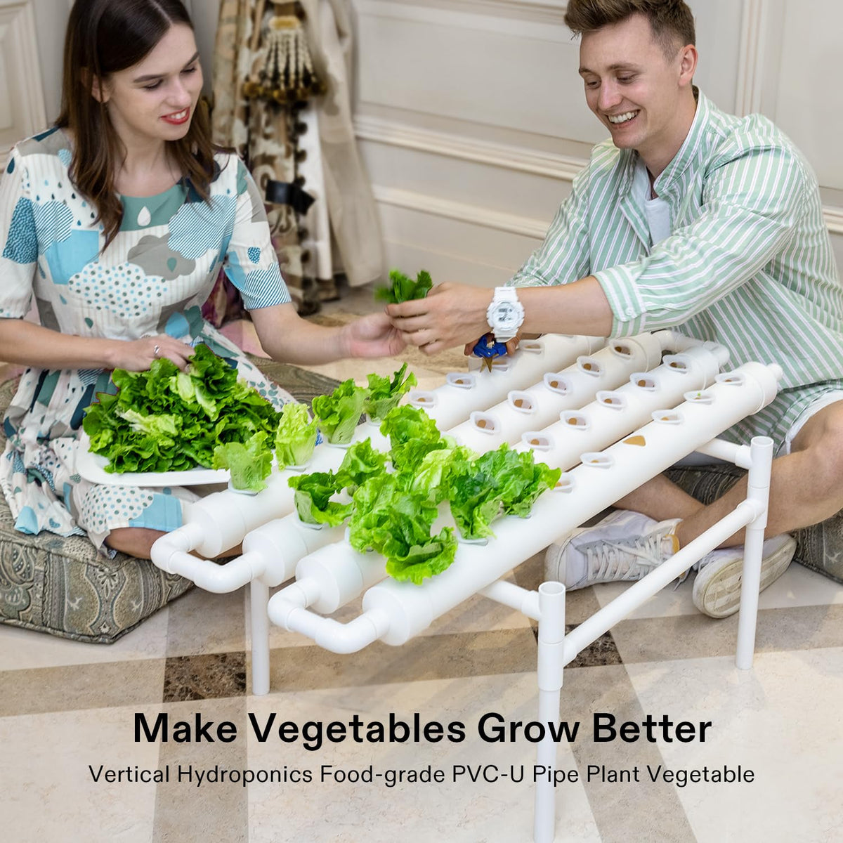 PVC-U pipes with 36 sites enabling versatile leafy greens.