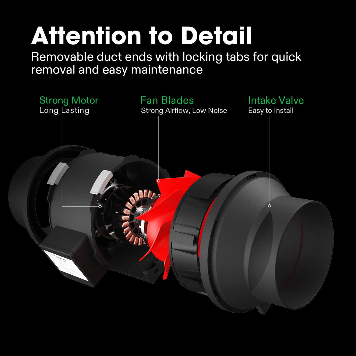 VIVOSUN R8 removable duct ends with locking tabs for quick duct attachment.
