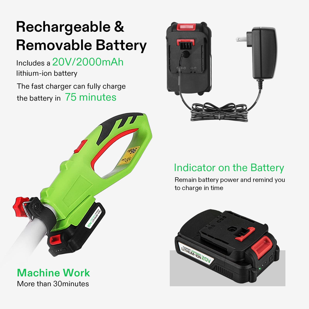VIVOSUN removable battery and charger for easy cordless pruning.