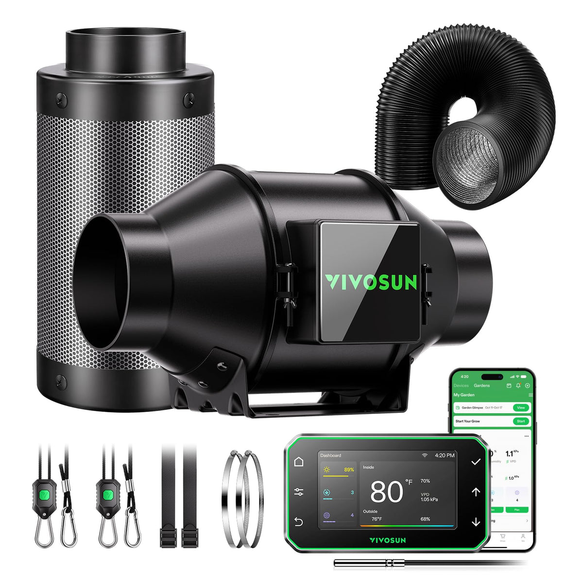 VIVOSUN Smart Air Filtration Pro kit with 4in fan improving airflow in compact grow tents.