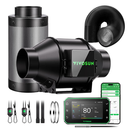 VIVOSUN Smart Air Filtration Pro kit with 4in fan improving airflow in compact grow tents.