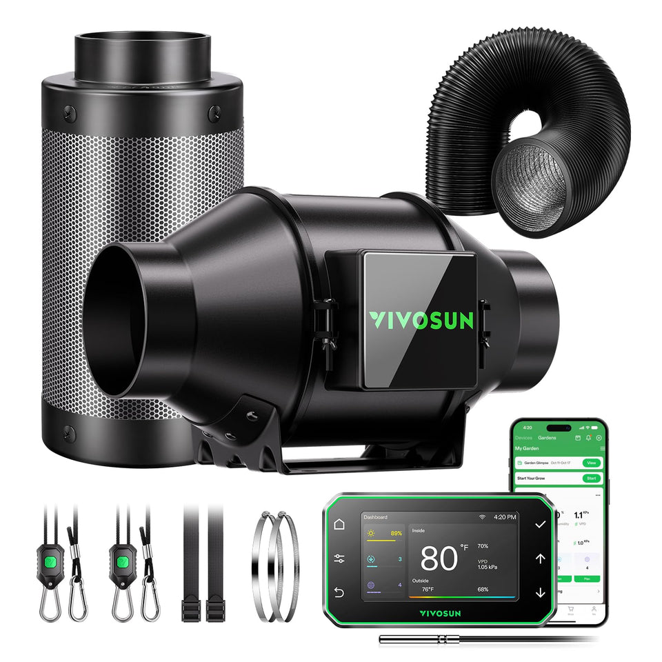 VIVOSUN Smart Air Filtration Pro kit with 4in fan improving airflow in compact grow tents.