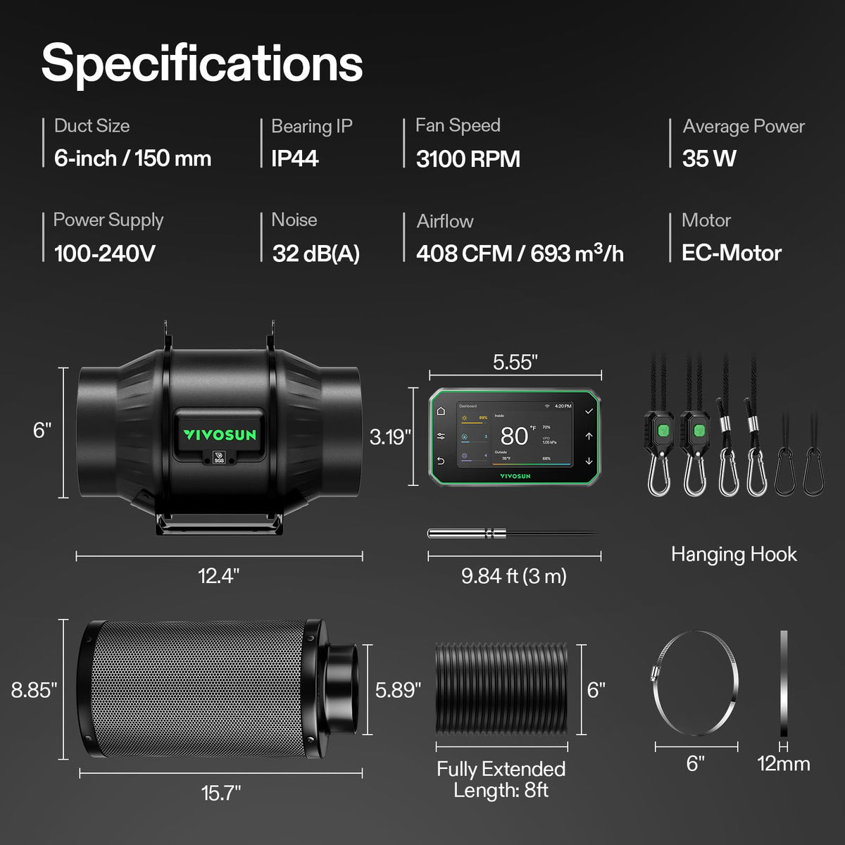 VIVOSUN temperature and humidity probe provides real-time environmental readings.