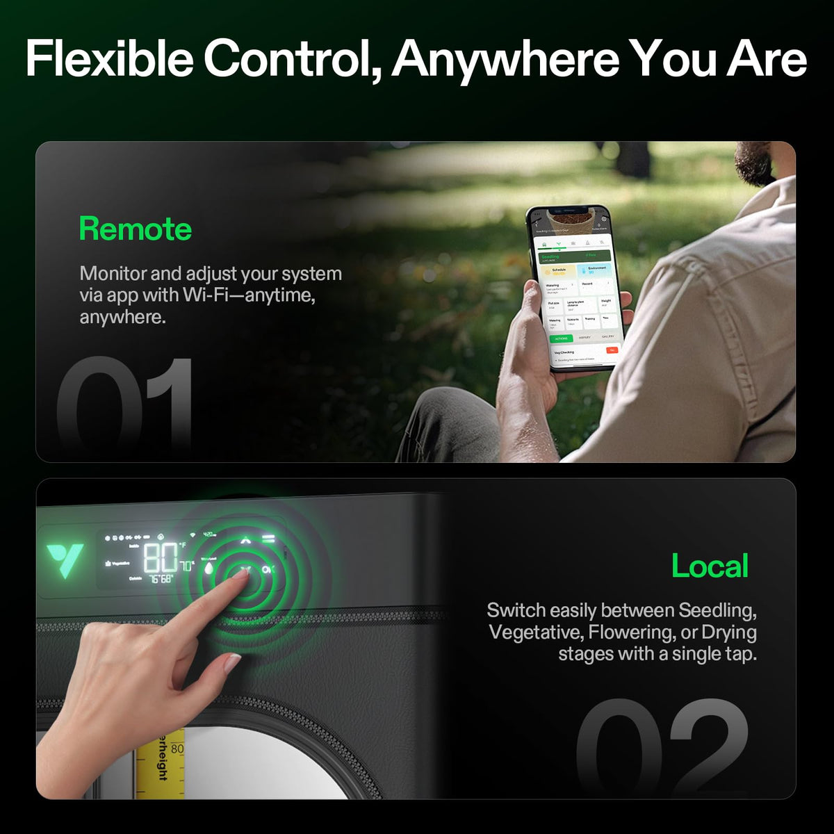 VIVOSUN VGrow app monitoring dashboard enables remote control and progress logs.