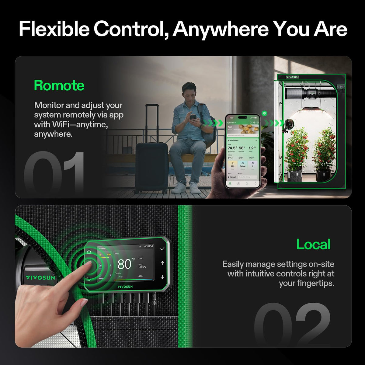 GrowHub app view showing live environmental data and fan control.