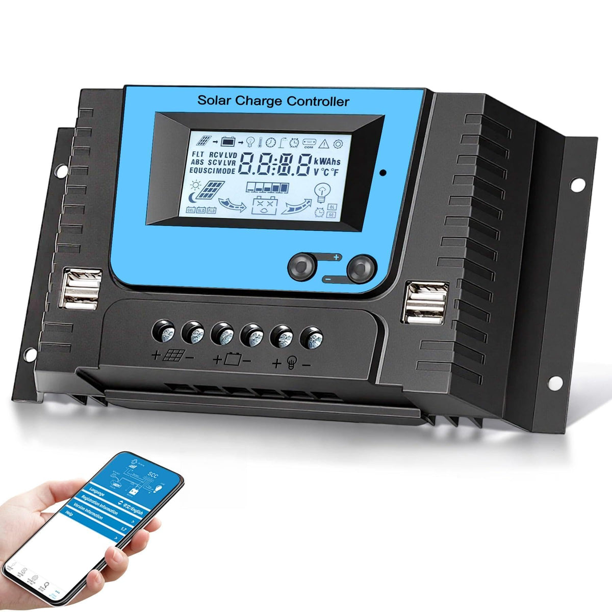 VIXKPIRR 30A solar controller front view with backlit display for easy monitoring.