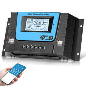 VIXKPIRR 30A solar controller front view with backlit display for easy monitoring.