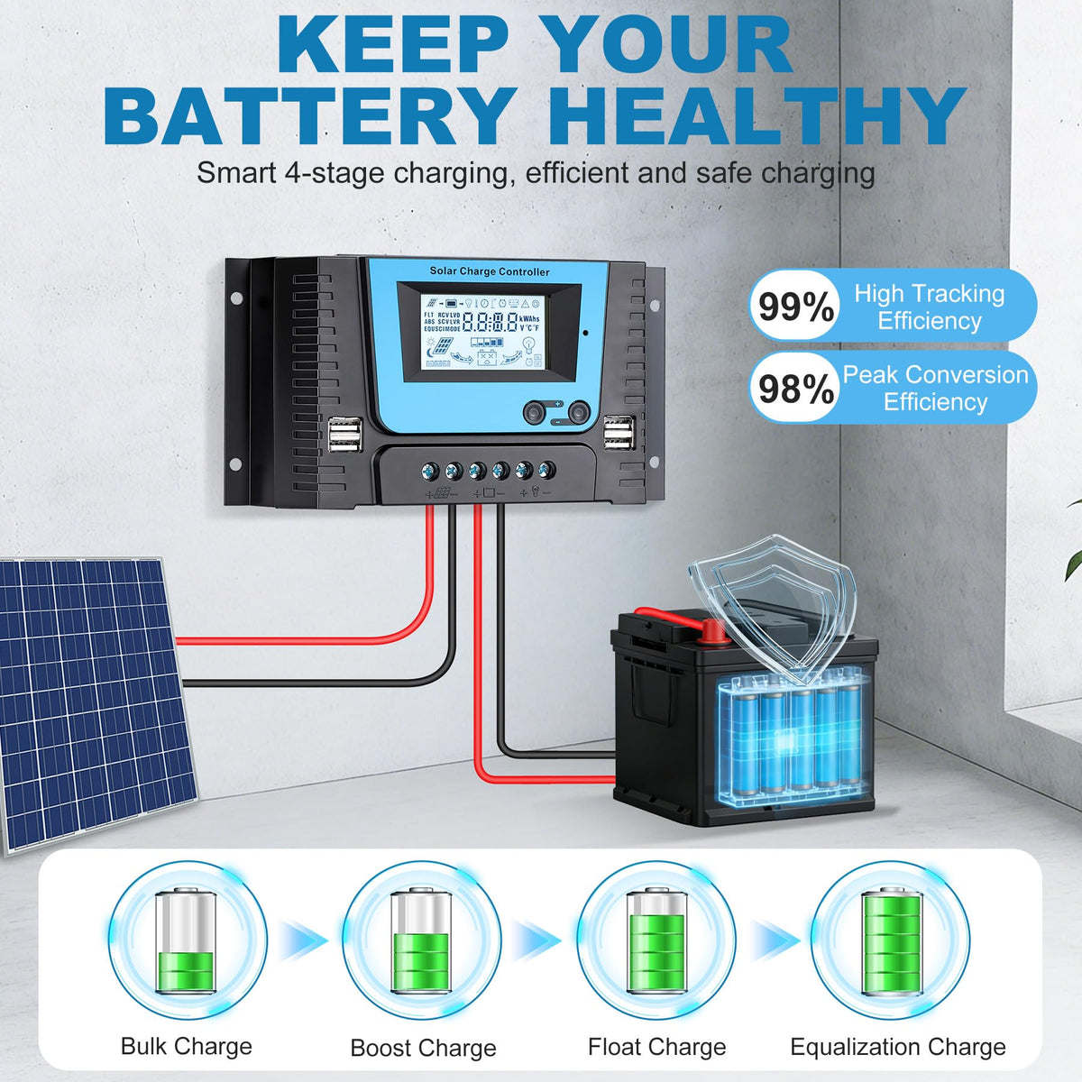 VIXKPIRR battery compatibility with lithium, lead-acid, and gel types.