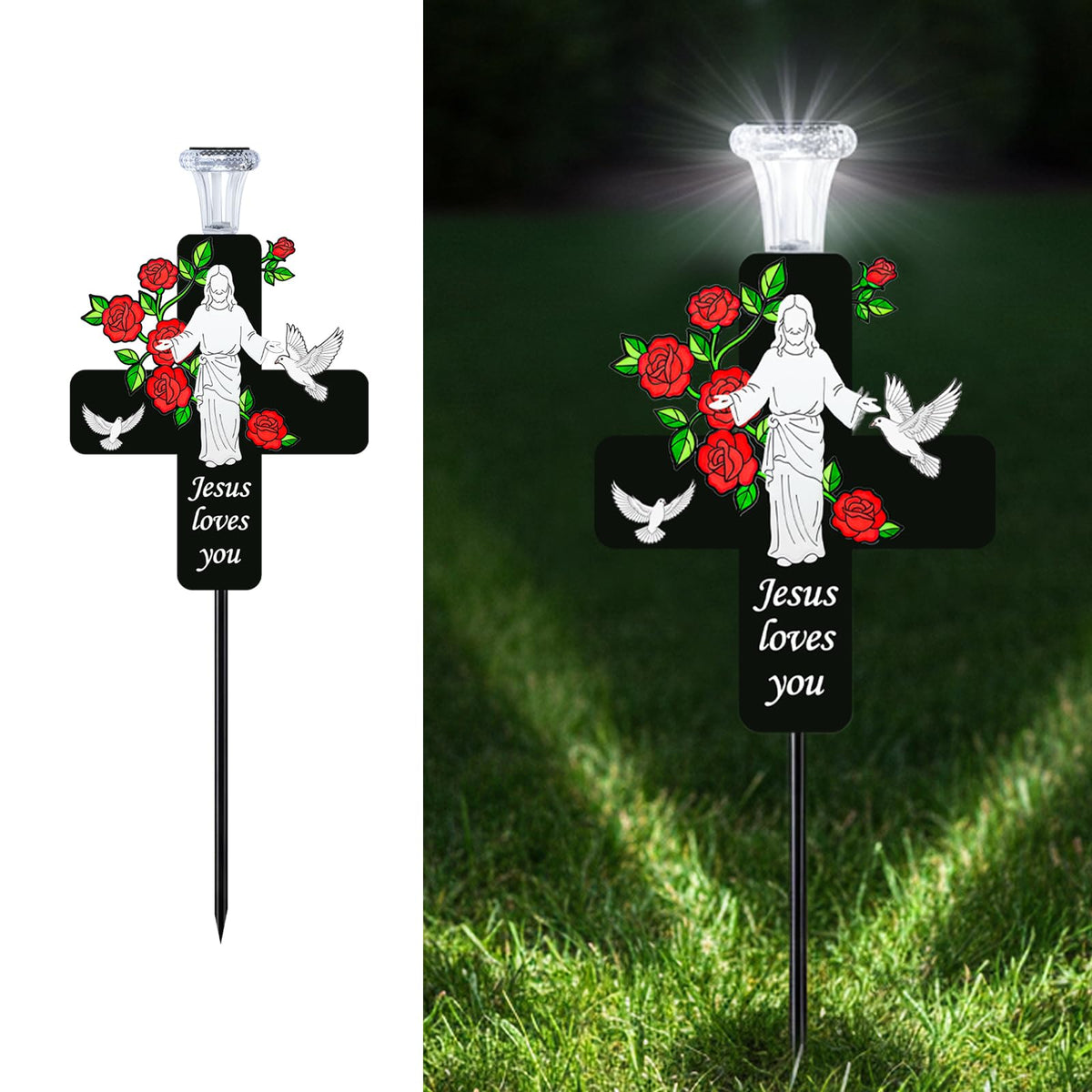 VKEVOC solar Jesus cross memorial stake front view with rose glow for gravesites