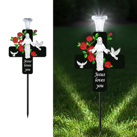 VKEVOC solar Jesus cross memorial stake front view with rose glow for gravesites